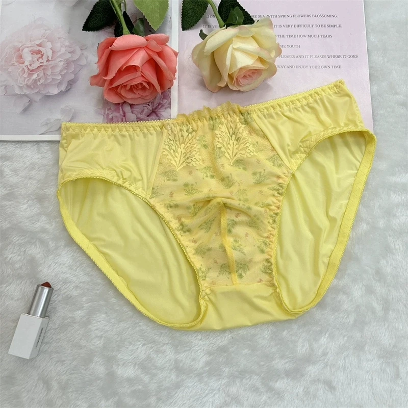 

Man's Yellow Lace Silky Ice Silk Elastic Soft Close-Fitting Fabric Men's Panties Live Show Private Party Harajuku BF Gifts