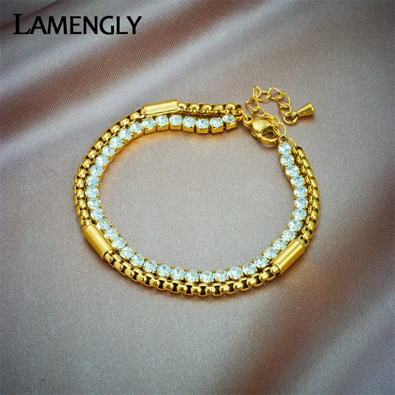 Многослойный браслет из нержавеющей стали LAMENGLY 316L с циркониевыми цепочками для женщин и девушек, новый тренд, роскошная фотография