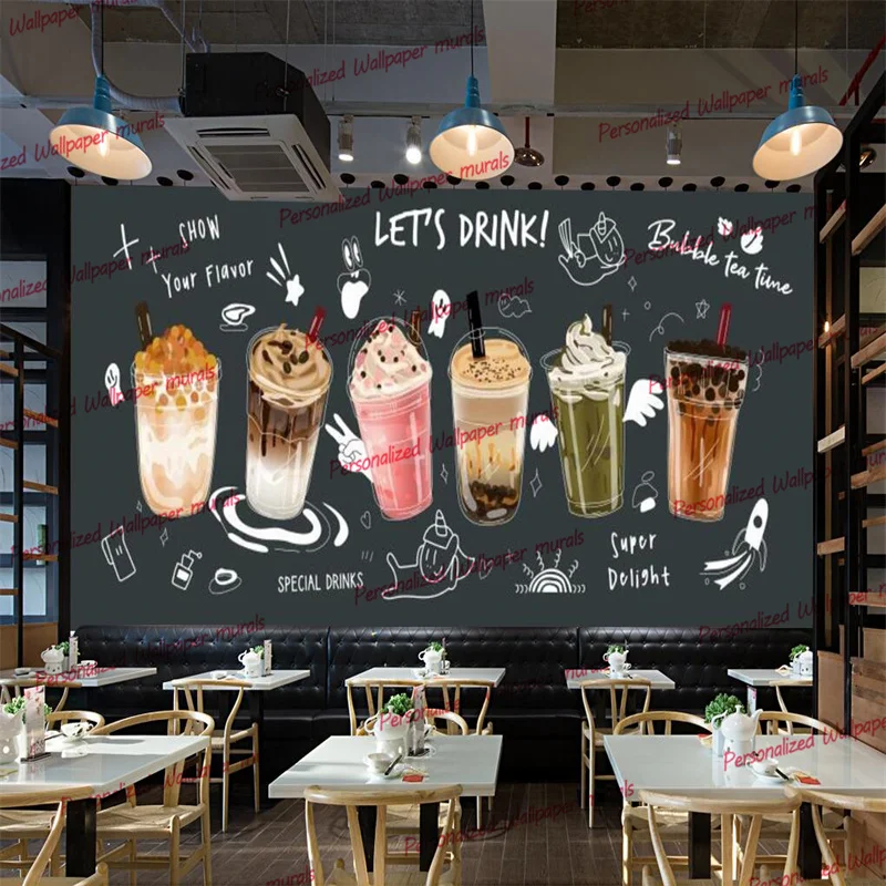 Custom Size 3D Let's Drink Mural Wallpapers Industrial Decor Bubble Tea Shop Snack Bar Background Wall Papers Papel De Parede 3d