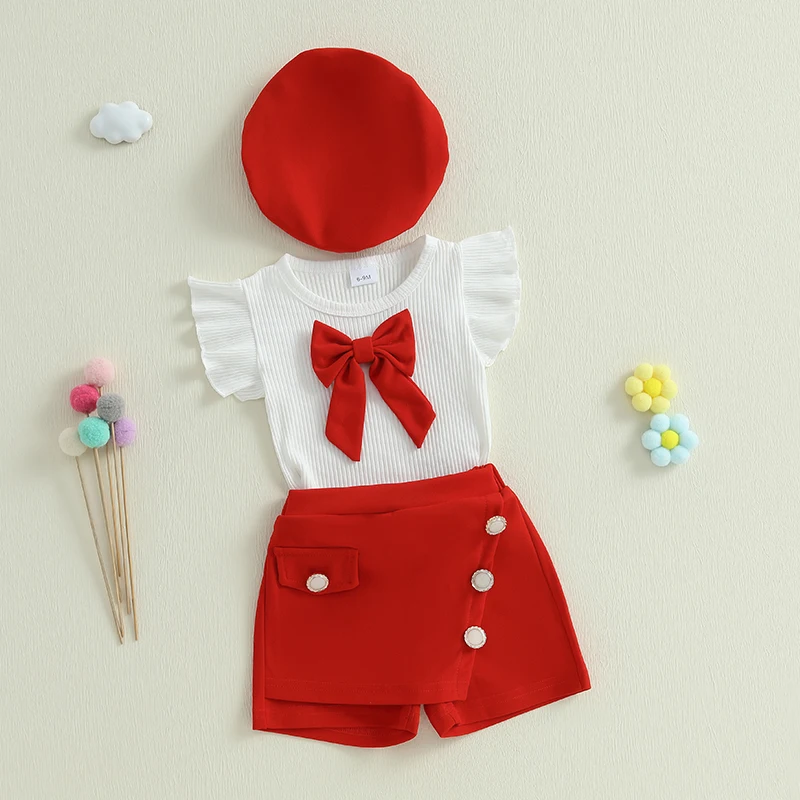 Adorable Baby Girl 3-Piece Summer Set with Ruffle Sleeve Top Shorts and Matching Hat - Cute Toddler Outfit for Warm Weather