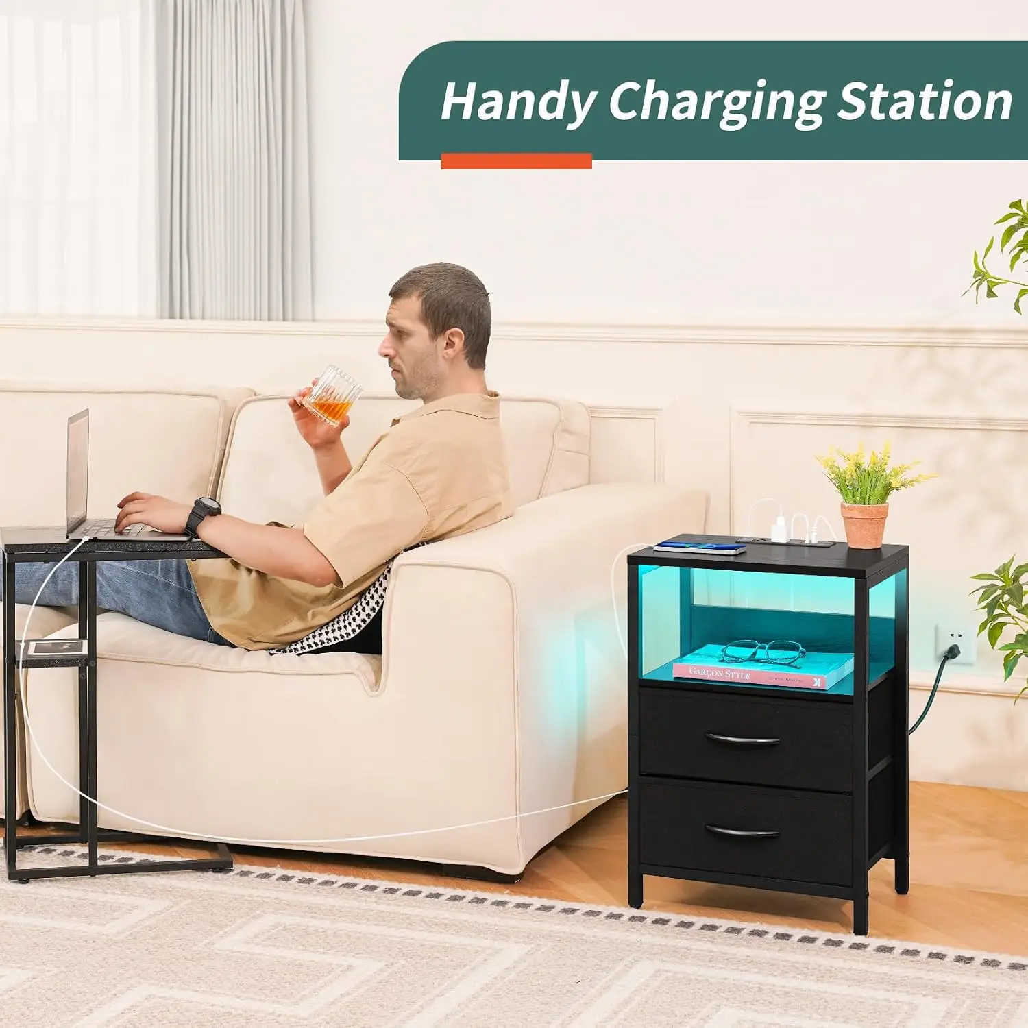 LED Nightstand with Charging Station, USB Ports & Outlets, Fabric Drawers & Shelf for Bedroom, Small Bedside Table, Easy Assembly view 4