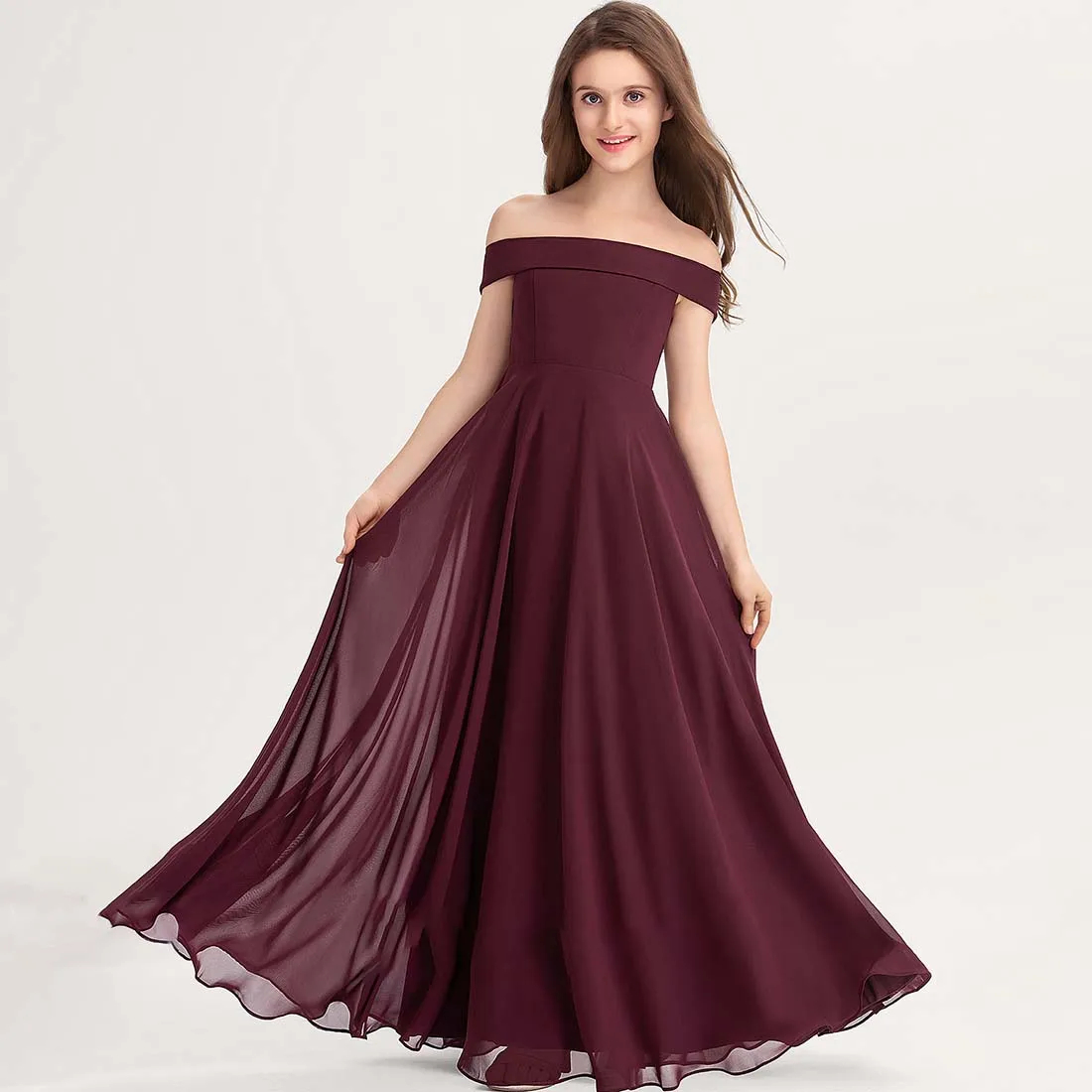 YZYmanualroom Chiffon Junior Bridesmaid Dress A-line Off the Shoulder Floor-Length 2-15T