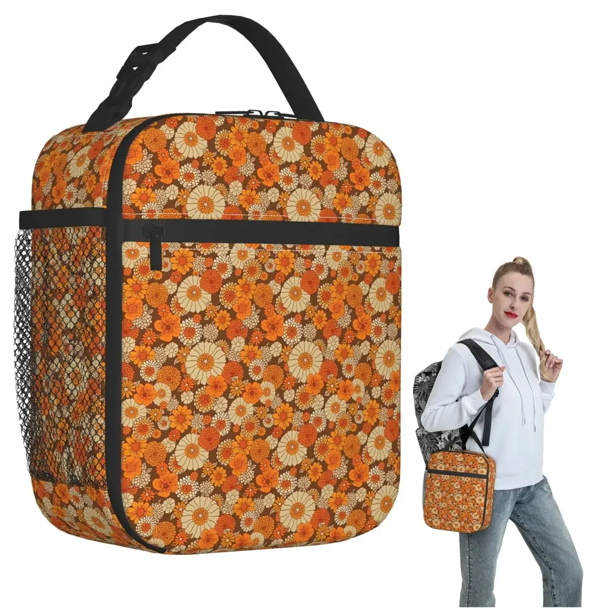 70s Retro Daisies Vintage Flower Power Orange And Brown Boho Insulated Lunch Bag Kids Portable Food Boxes Thermal Lunch Box Tote