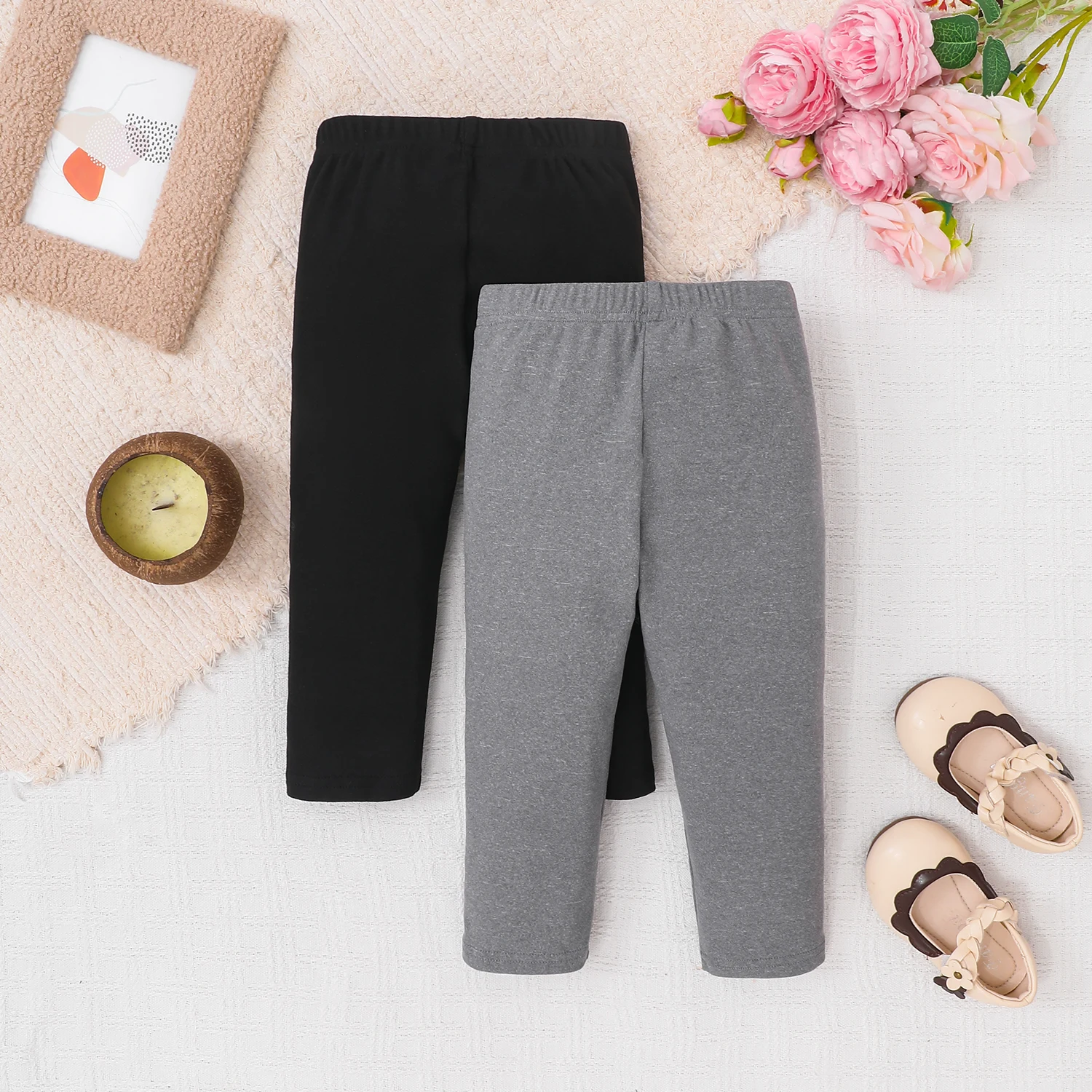 Infant Baby Girls Solid Black Gray Leggings Soft Cotton Elastic Waist Stretch Casual Pants 2Pcs All Seasons