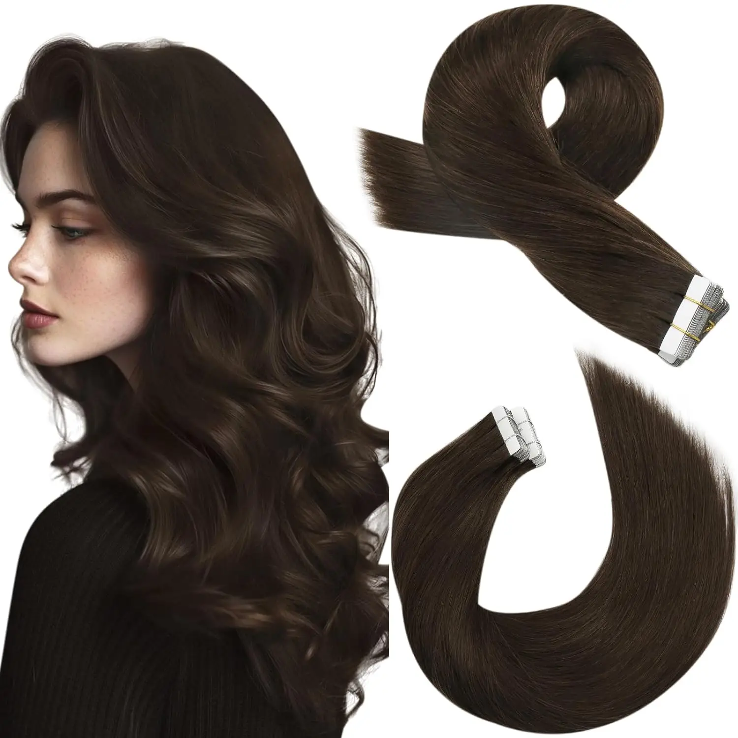 Brown Tape In Extensions Human Hair 100G Tape In Extensions Dark Brown Tape In Human Hair Extension Darkest Brown Silky Straight