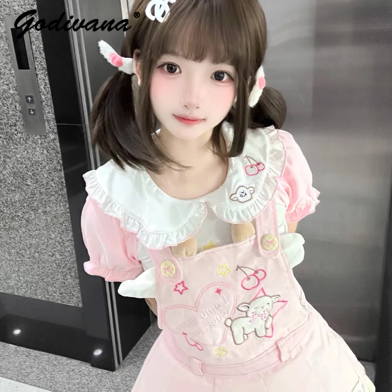 Original nouvel été fille filles Kawaii poupée col rose à manches courtes T-shirt doux sangle jupe femmes robe à bretelles ensemble