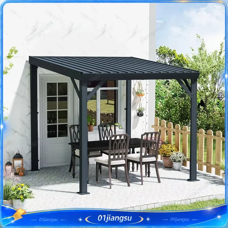 Heavy Duty Wall Mounted Sloped Pergola Gazebo with Integrated Drainage System Waterproof Protective Canopy for Outdoor Patio