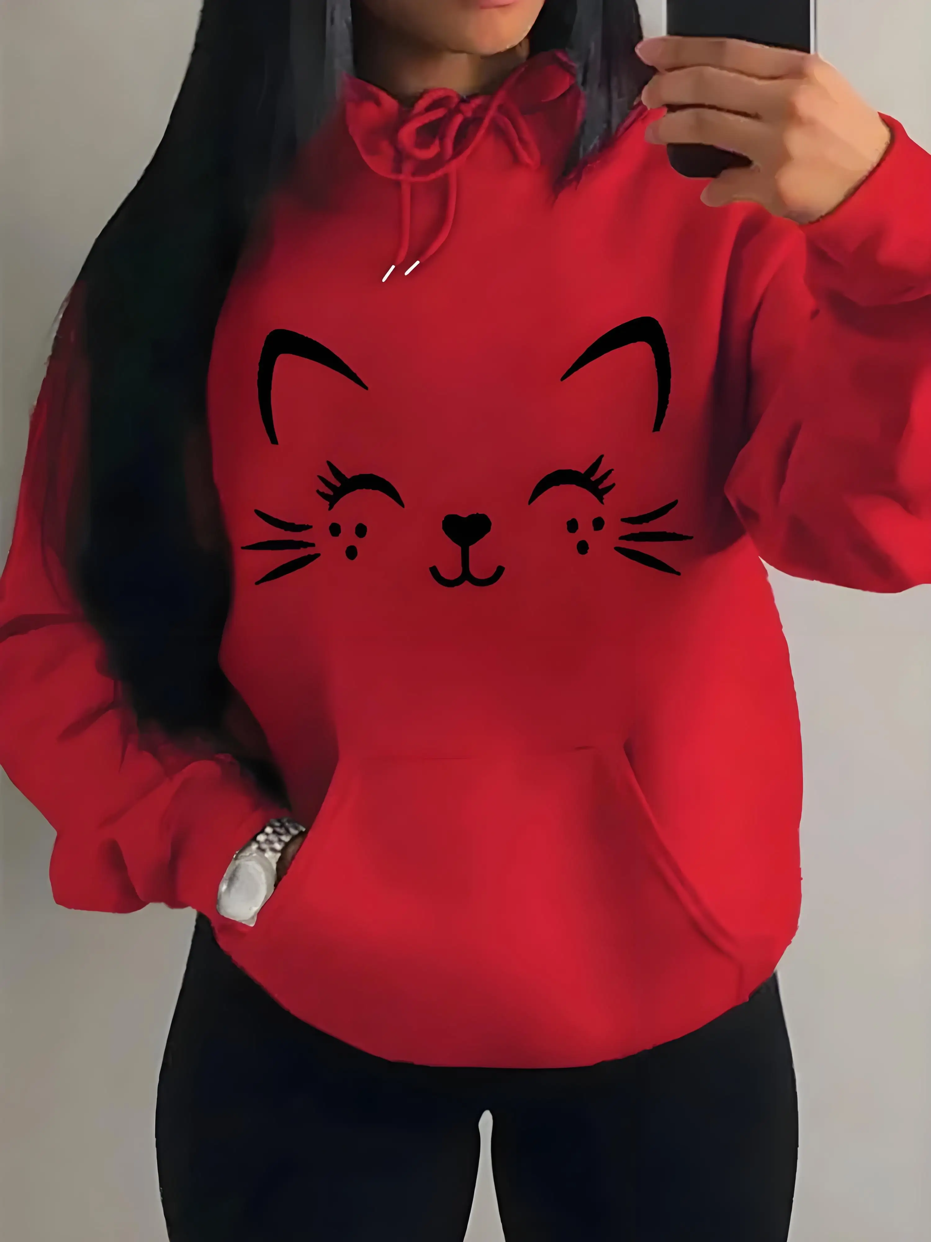 Women's Autumn Winter Hoodie Happy Cat Pattern Casual Street Wear Hip Hop Trendy Fashion Sweatshirt Sportswear