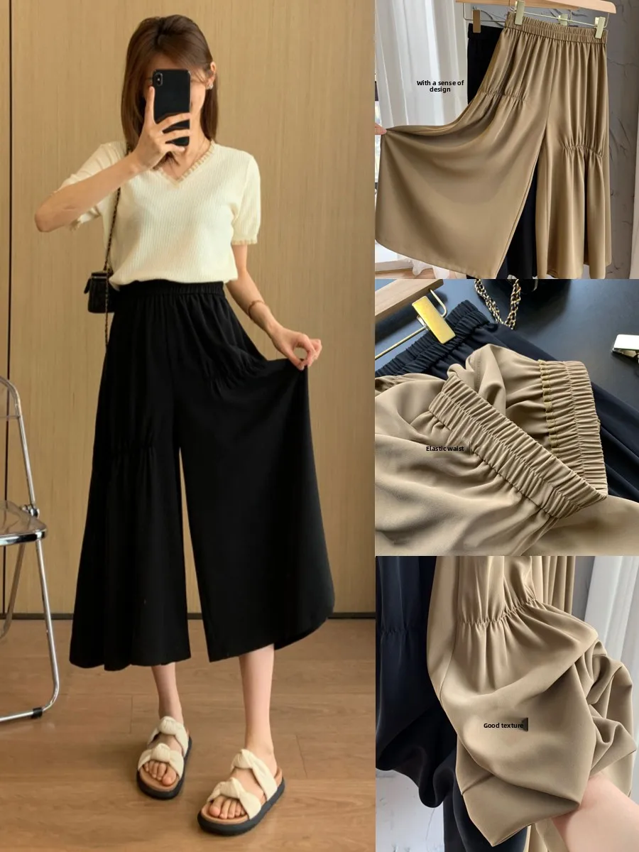 

Летние женские повседневные плиссированные брюки-палаццо больших размеров с завязками, свободного кроя, длиной 7 дюймов, юбка-брюки для фигуры типа «груша», стройнящие