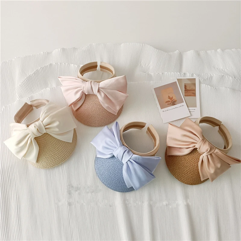 

Chic Style Ribbon Big Bow Sunhat Children's Empty Top Hat Mother‘s Hat Family Match Cap Holiday Outing Beach Hat Wheat Straw Cap