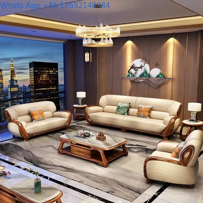 

New Chinese Style Black Walnut Thickened Leather Sofa Large Flat Layer High-End Living Room Furniture Sofa