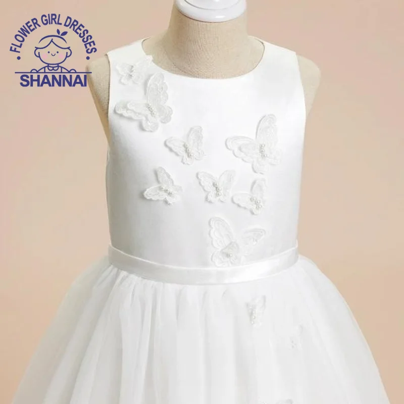 

White Simple Butterfly Pearl Flower Girl Dresses for Weddings First Communion Bridesmaids Prom Party Birthday Little Princess