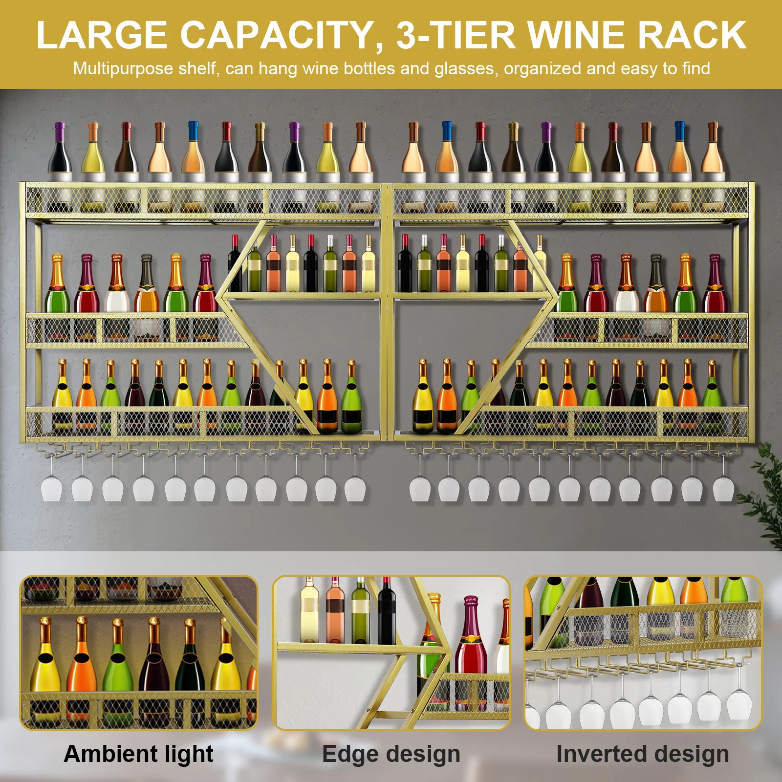 

Metal Wine Bottles Storage Display Storage Shelf with Wine Glass Holder Wine Bottle Display Shelf for Home Dining Room Kitchen
