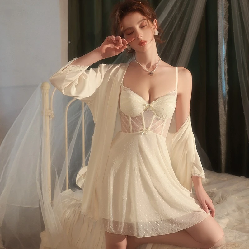 

Twinset Summer Mesh Lace Robe Set Women Kimono Bathrobe Gown Suit Lingerie Suspender Nightgown Sleepwear Loungewear