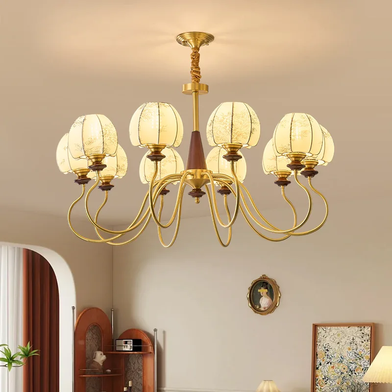 

Французская средневековая полностью медная люстра из цельного дерева, свет для гостиной, ретро, спальня, столовая, люстра для защиты глаз, основной свет