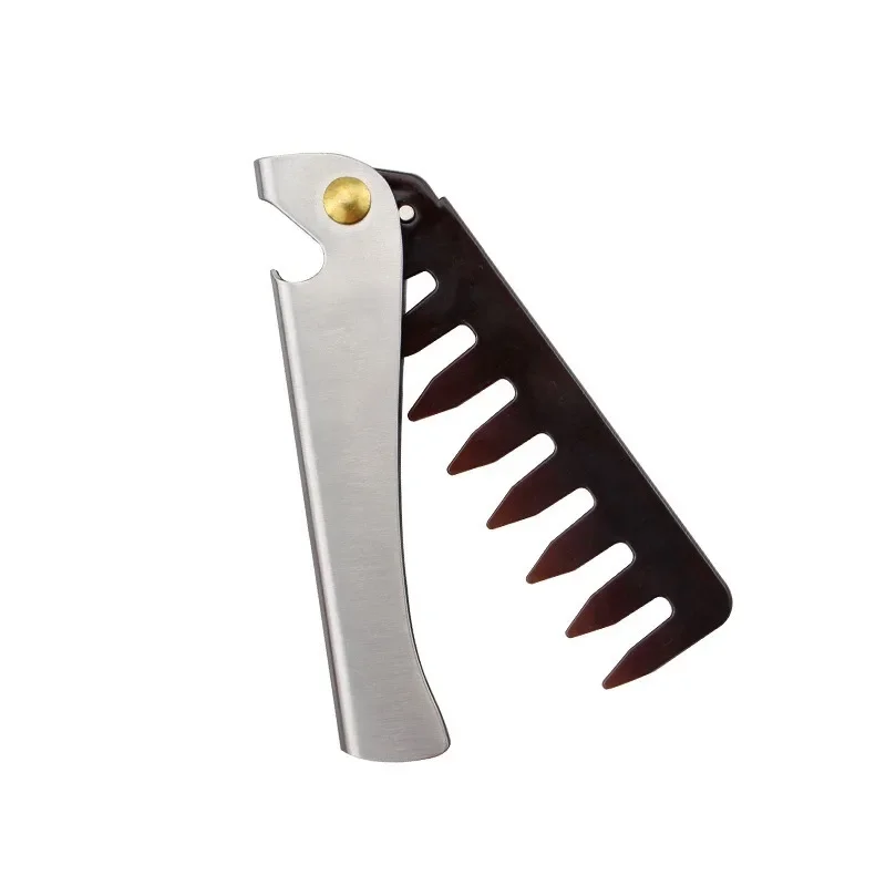 Oil Head Comb Barber Stainless Steel Handle Folding Wide Teeth Men Comb Hairdressing Hair Modeling Styling Comb Portable Vintage