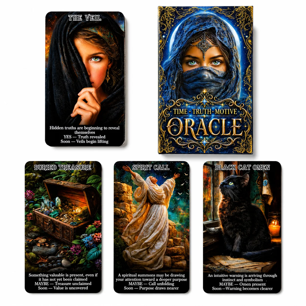 Cartes Oracle Time Truth Motive |   Jeu de 78 cartes avec des options Oui, Non, Peut-être et des conseils de synchronisation pour révéler vérités cachées, intentions et relations