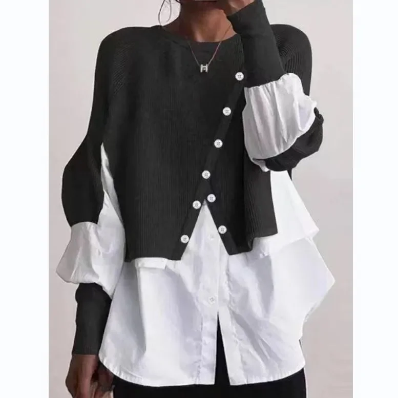 

Толстые однотонные повседневные элегантные джемперы с круглым вырезом на пуговицах, осенний свитер, женские нерегулярные вязаные пуловеры с длинными рукавами