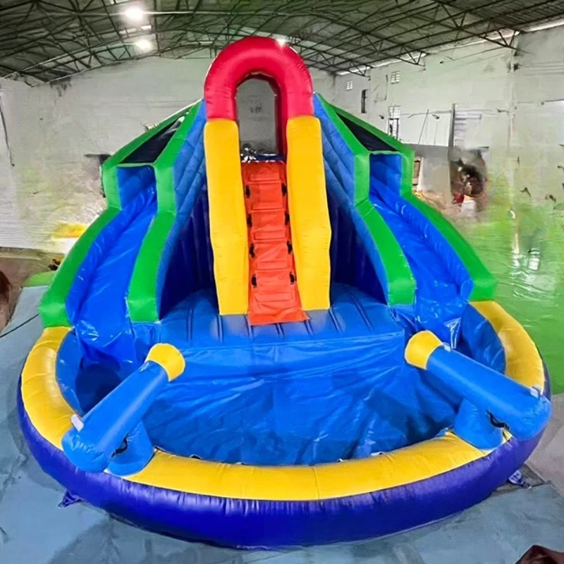 

Newly designed house-themed inflatable water park slide pool, inflatable water slide with four water guns