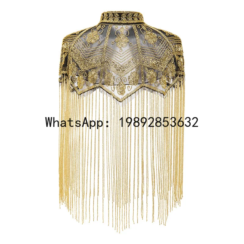 Sequin sequin dress women's retro banquet party pure handmade tassel evening dress with shawl