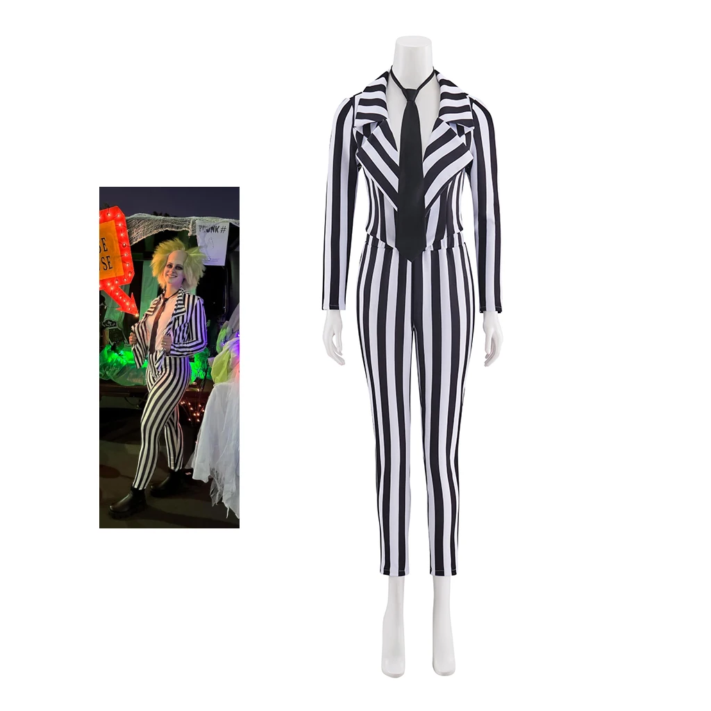 

Women's Black White Vertical Striped Horror Costume Blazer Legging Pants with Tie Set Women The Ghost Halloween Clothes