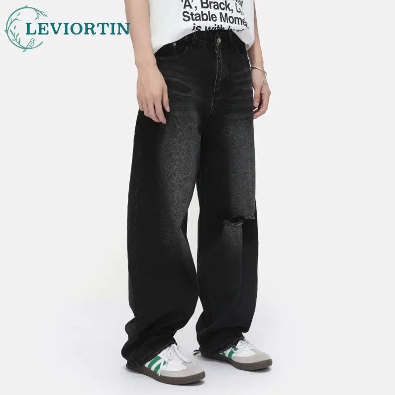 

2025 Summer men's fashion Korean version retro distressed fashionable curved knife polished white washed casual loose jeans