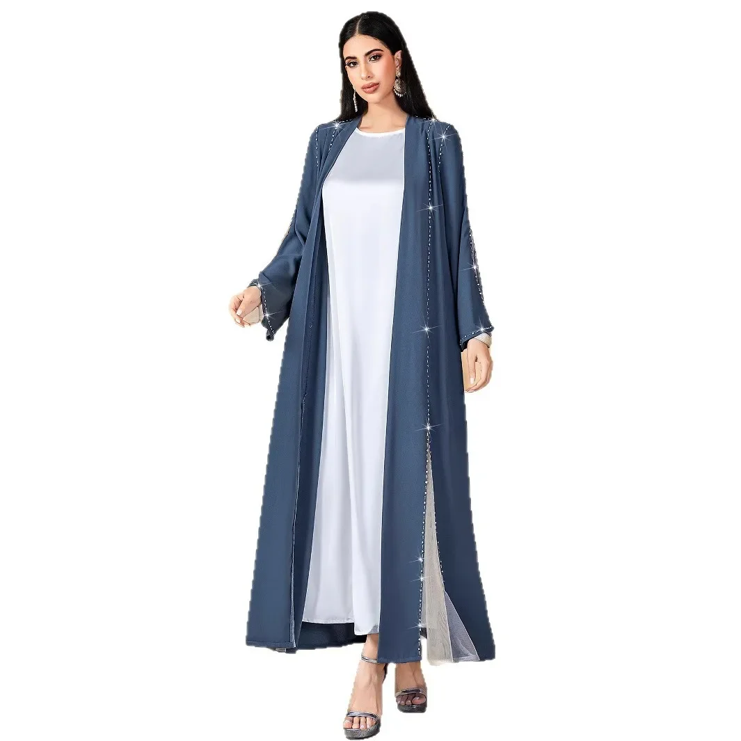 Femmes gris bleu décontracté à la mode en vrac élégant diamant à manches longues Cardigan Abaya femme vêtements moyen-orient musulman nouvelle mode