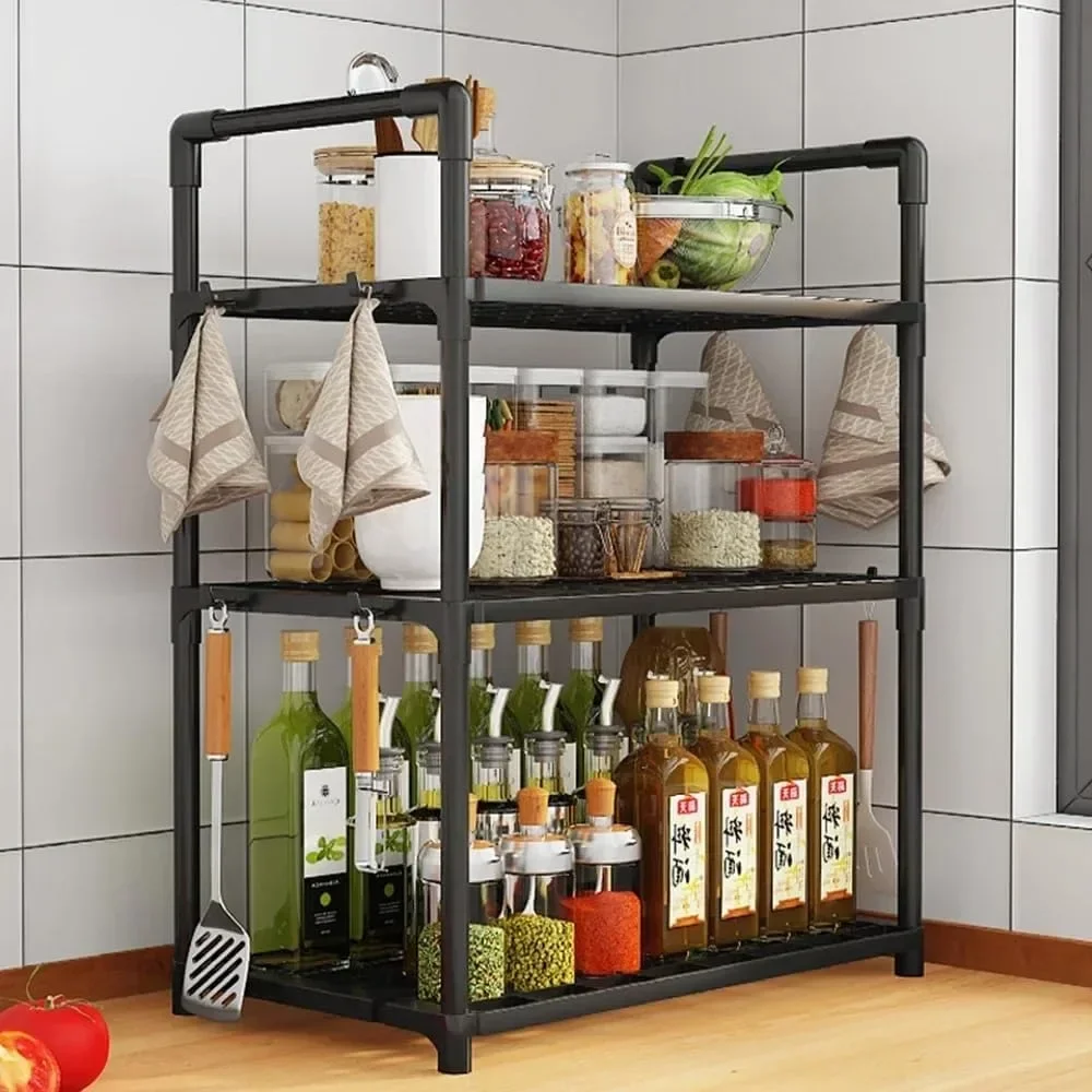 Kitchen Elevated Storage Rack Seasoning Organizer Microwave Bilayer Shelf Multifunctional Adjustable Shelves Kitchen Accessories