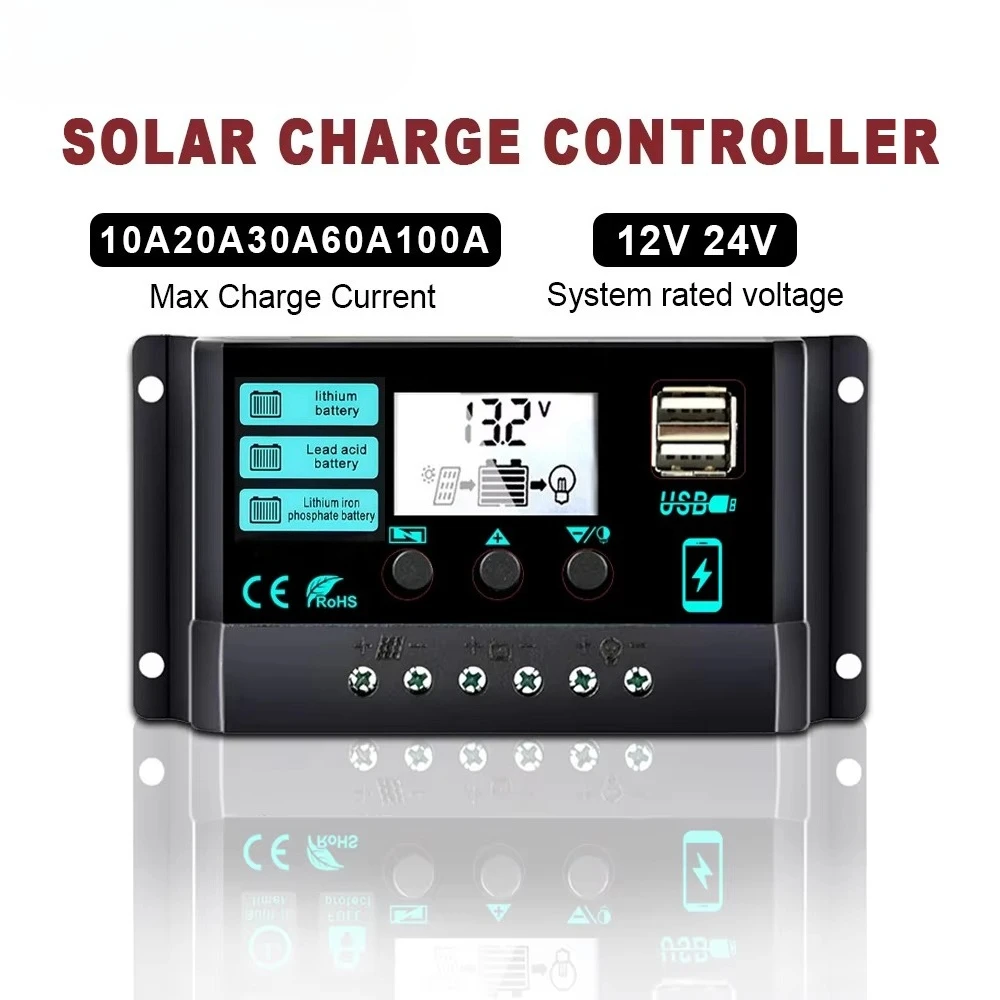 LCD-Zubehör Solarladeregler 12V/24V PWM 10A-100A mit einstellbarem LCD-Display, Timer-Einstellung, Regler, Bildschirm-Timer