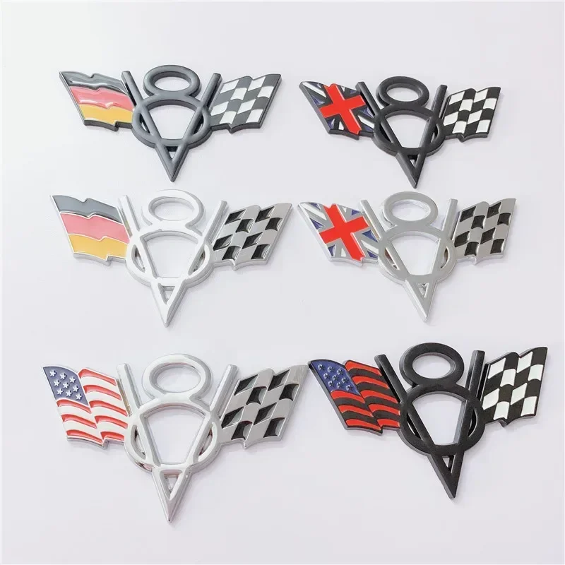 3D Metal US UK Germany Flag V8 Logo Car Trunk Emblem Badge Decal For Dodge Jeep Ford Toyota Chevrolet V8 Sticker Accessories