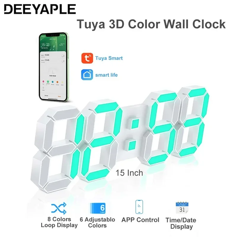 

15Inch 3D Color Digital Clock LED Wall Alarm Clock Nordic Wall Clock Snooze Table Clock Calendar Thermometer Watch