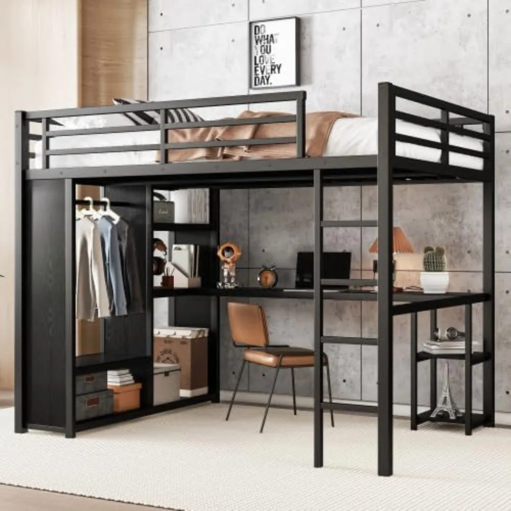 

Queen Size Loft Bed with Built-in Wardrobe, Metal Loft Bed Frame with Desk and Storage Shelves, Black