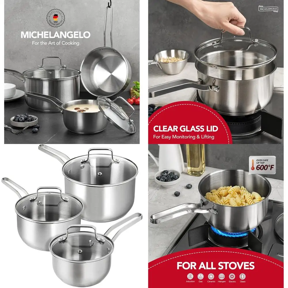 

6-Piece Stainless Steel Pot Set: 1QT, 2QT, 3QT Saucepans with Lids, Ideal for Induction Cooking