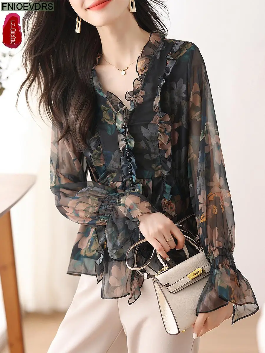 S-3XL 2024 Women Spring Basic Wear Chiffon Shirts New Chic Design Retro Vintage Button Flower Peplum Belly Ruffles Tops Blouses