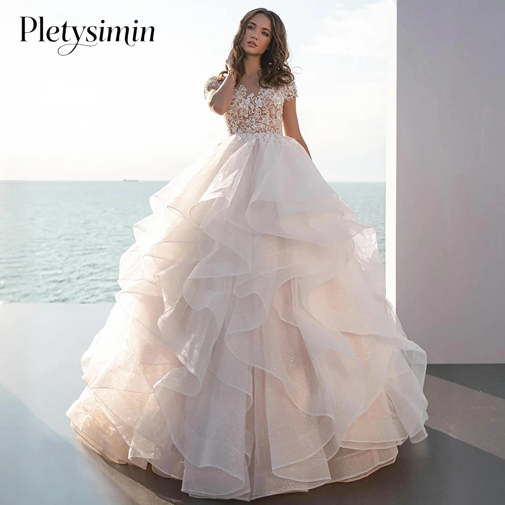 Robe de mariée trapèze brillante, exquise, manches cape, avec des Appliques à volants à plusieurs niveaux, en Tulle, robe de princesse personnalisée