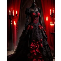Gothic Black And Red Wedding Dress Tiered Corset Vintage Wedding Gown Long Sleeves Lace And Satin Masqurade Dress Customized