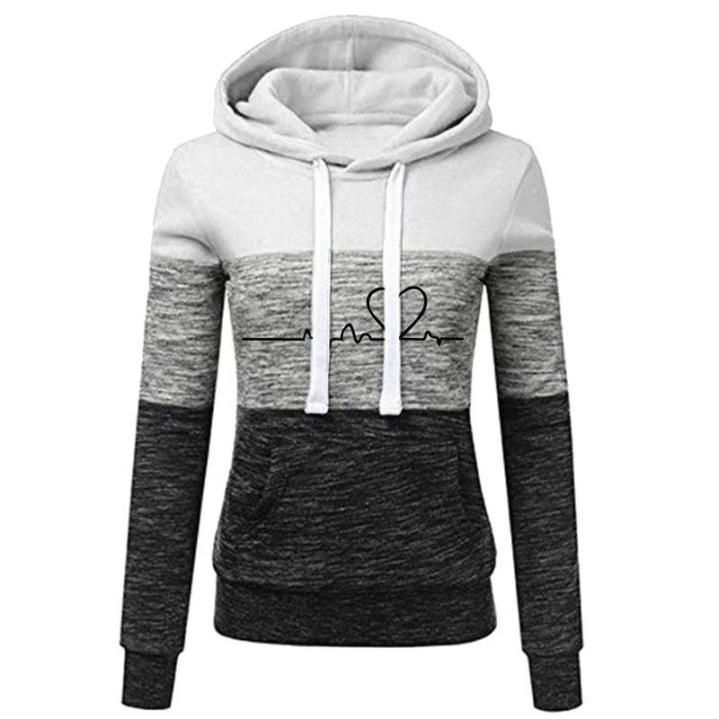 New Women's Fashion Shirt Long Sleeve Wool Pullover Sweatshirt Tricolor Splice Stripe Hoodie Top
