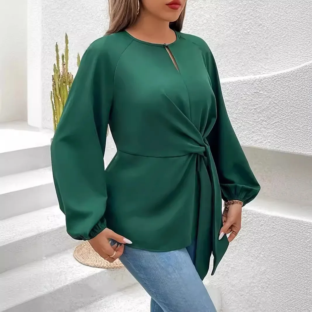 Plus Size Langarmshirt Schwarzgrün für Bürodame Elegantes Design Übergroße Hemden für Damen Herbst Frühling Winter