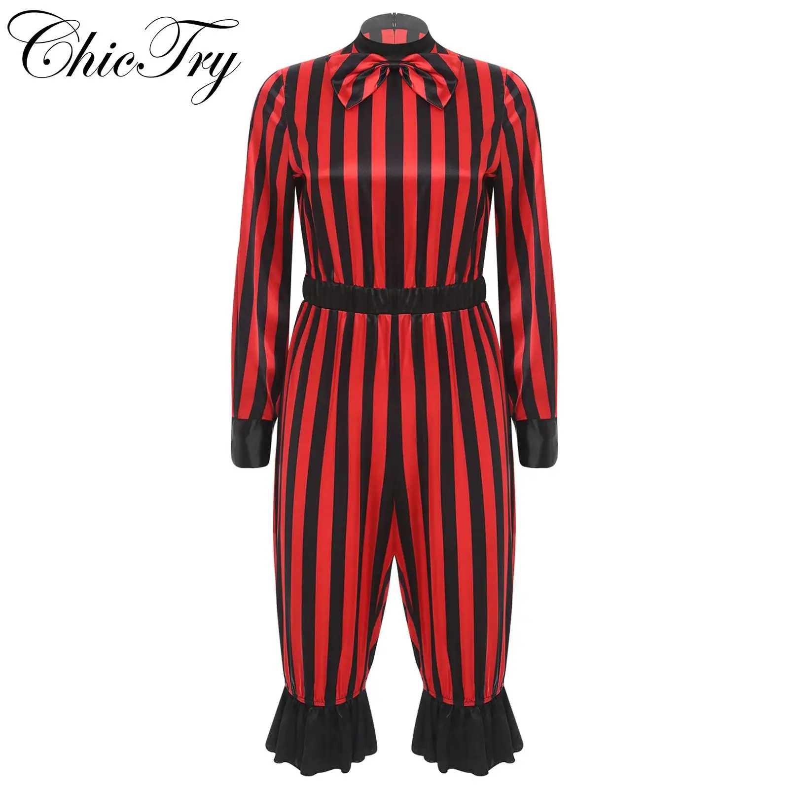 

Womens Clown Circus Ringmaster Costume Halloween Striped Cosplay Rompers Bow Long Sleeve Bloomers Pants Jumpsuit Party Dress Up