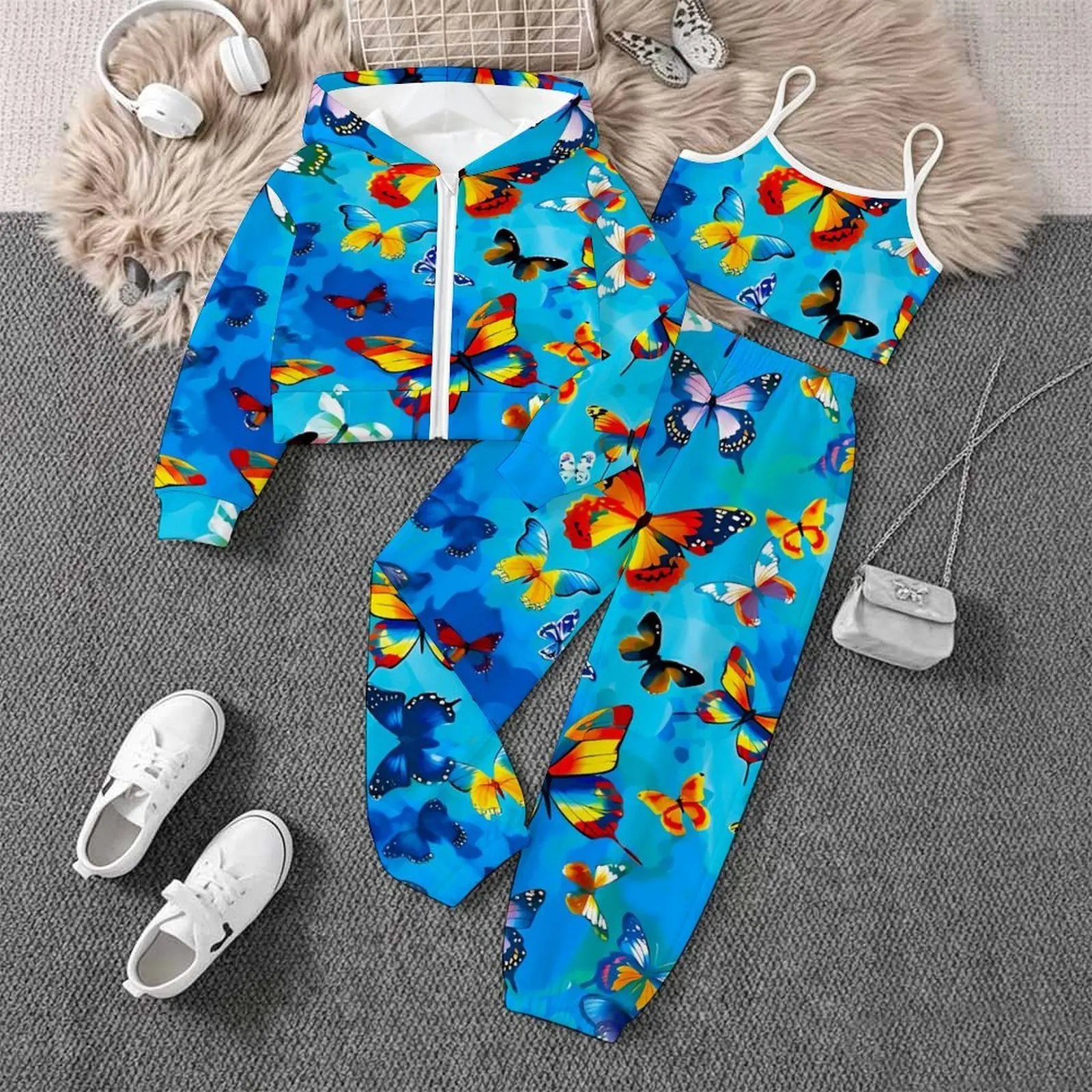 3pcs Kids Zip Tops Children's Long Sleeve Coat Autumn Girls Casual Set Fashion Print Jogger Pants Three-piece Suit