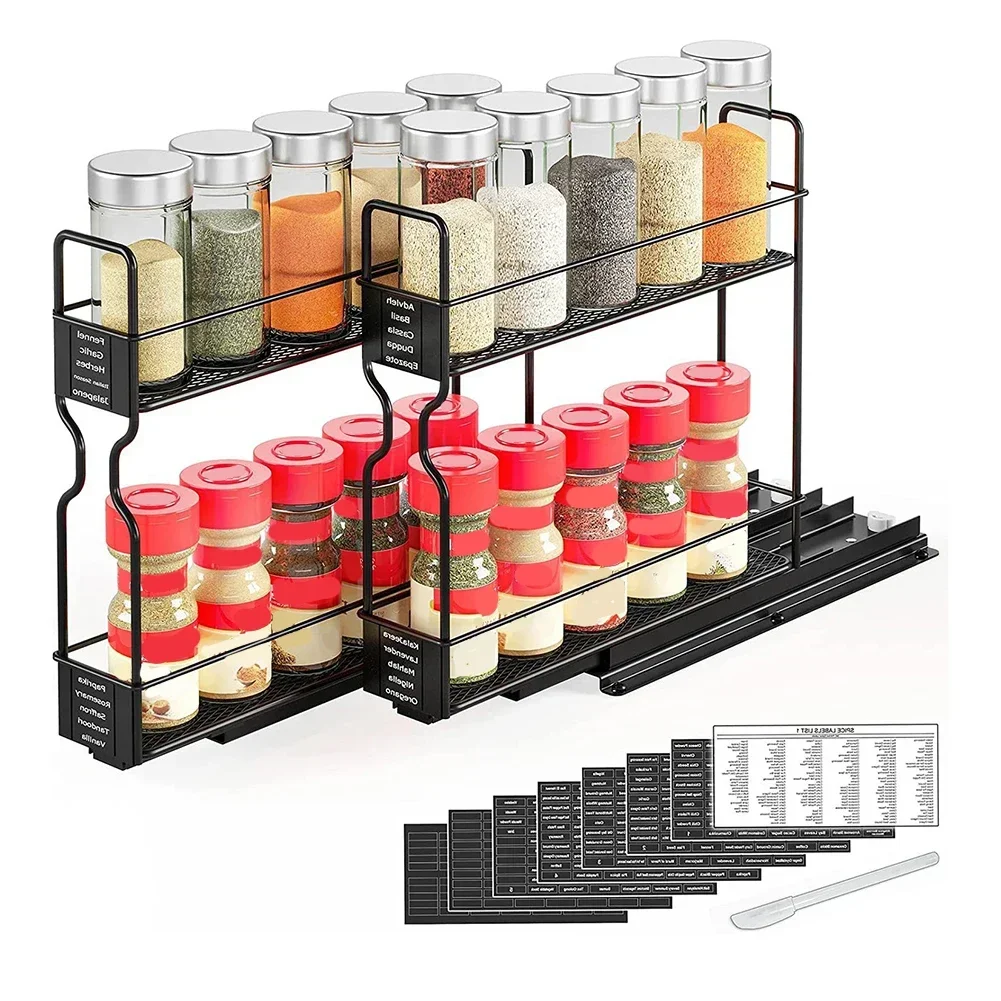 Metal Over Stove 2 Tier Spice Rack Organizer Shelf for Kitchen Countertop Storage with Raised Guard Rails for Stability