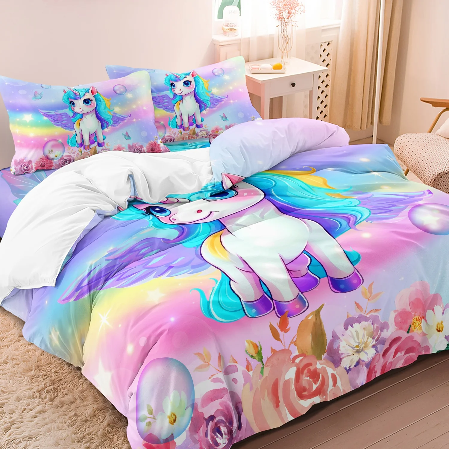3pcs Set Pink Purple Unicorn Print Duvet Cover Set Suitable For Bedroom Hotel Inn School Dormitory Can Be Used As Holiday Gifts