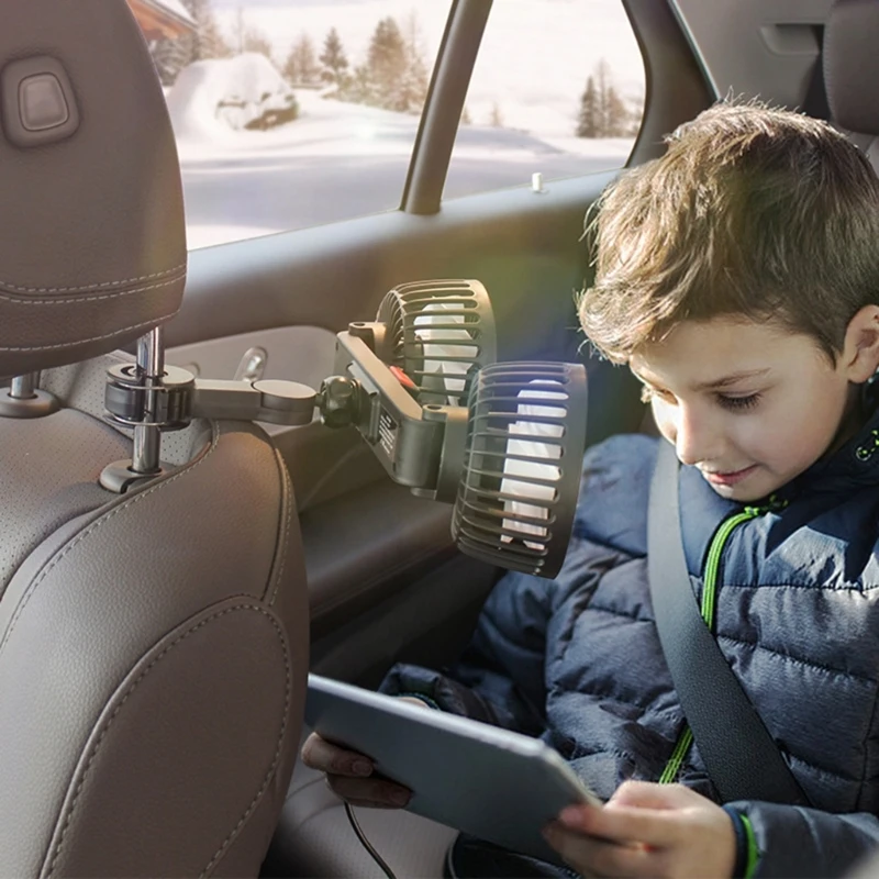 Ventilador portátil para asiento coche, reposacabezas giratorio 360 ​​grados, ventilador refrigeración para asiento