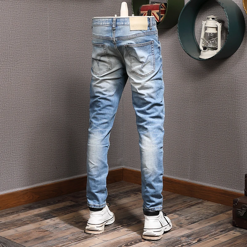 Fashion Designer Men Jeans Retro Blue High Quality Elastic Slim Fit Ripped Jeans Men Trousers Italian Style Vintage Pants Hombre