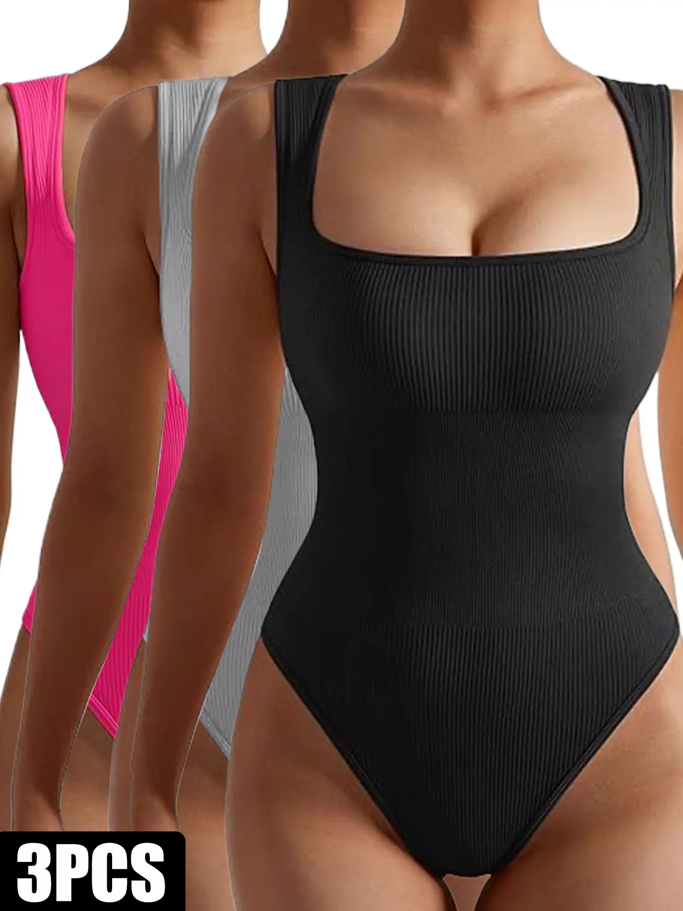 

3 Pack Women Workout Seamless Jumpsuit Yoga Ribbed Bodycon One Piece Spaghetti Strap Romper