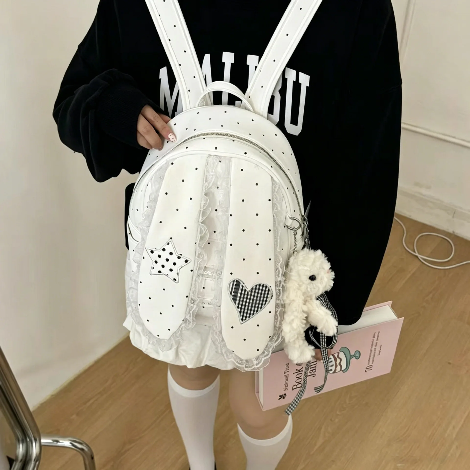 Japanese Cute Bunny Ear Polka Dot Backpack Women Lace Ruffle Plaid Heart Bag Campus Lightweight Casual School Bag