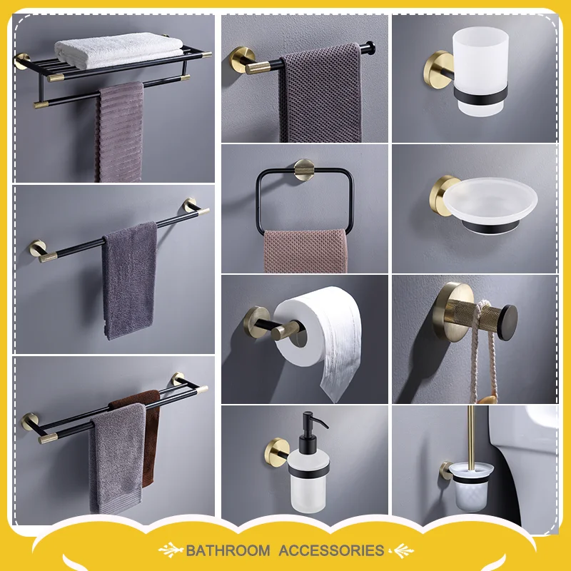 

Brushed Gold Black Bathroom Hardware Set - Coat Hook Towel Rack Paper Towel Holder Soap Pot Toothbrush Holder Modern Bathroom