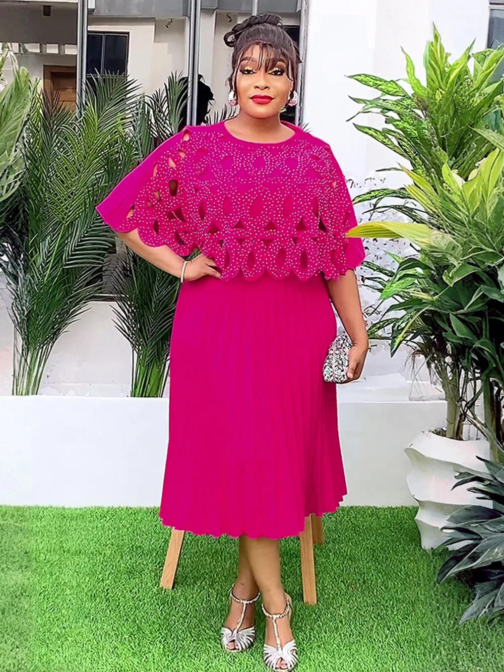 

Elegant A Line Pleated Chiffon Dress O Neck Hollow Out Cape Sleeve with Rhinestone High Waist Formal Events Causal Lady Gown