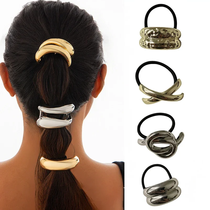 Retro Metal Golden Hair rope For Women elegant Geometry Elastic  Handmade Hair Tie Fashion girl Hairband