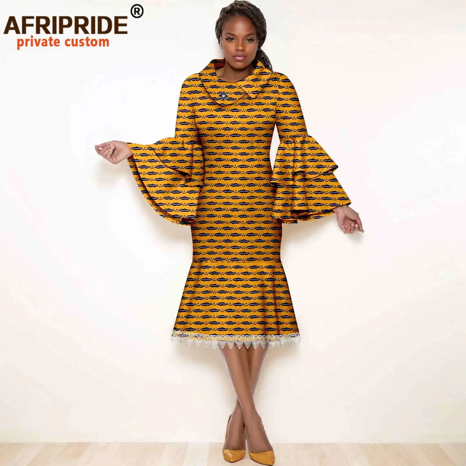 Women`s Dresses Elegant Full Sleeve High Waist Elegant Lace Midi Dress African Clothes Ankara Print Wear for Party 2525072